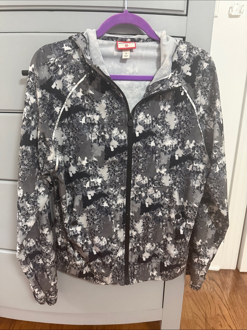 Women's Hooded Zip Jacket - Gray Abstract Print